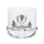 white marching shako with silver hardware and a silver starburst emblem