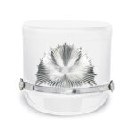 White Quick Ship Marching Shako with silver sunburst and accessories, front view