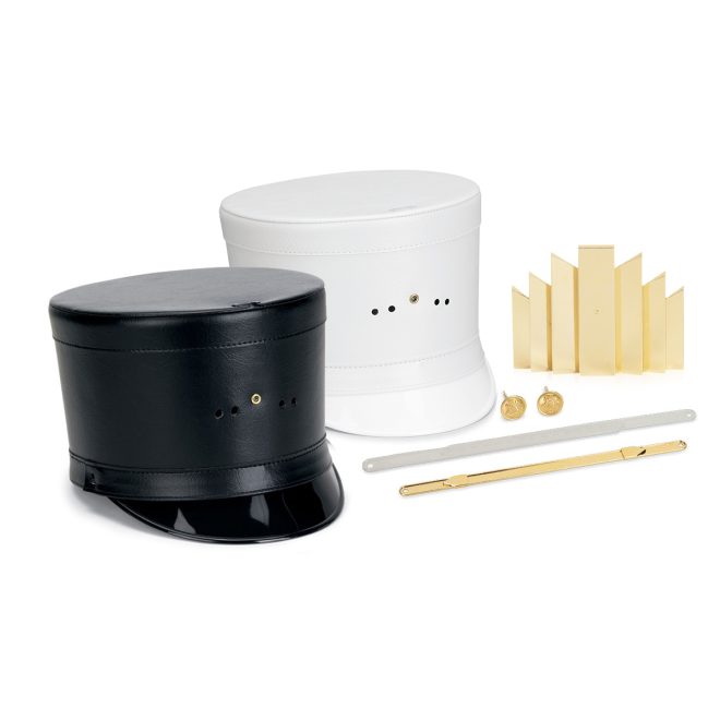 Quick ship marching band shako shell in black and white and hardware and emblems in silver and gold unassembled