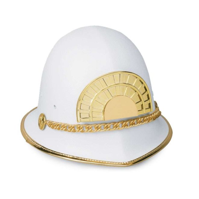 front view of white bayly regimental custom helmet with gold accessories