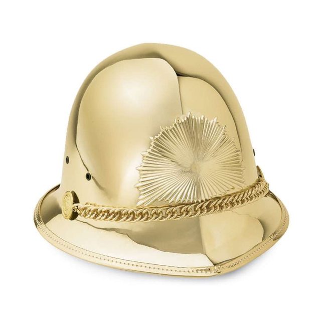 front view of gold bayly regimental custom helmet with gold accessories