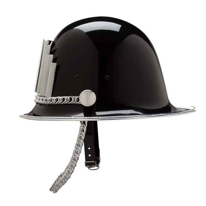 side view of black bayly regimental custom helmet with silver accessories and black neck strap