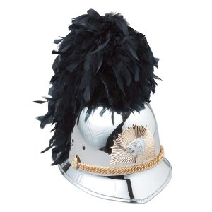 front view silver bayly regency top mount helmet with gold accessories and black feathers