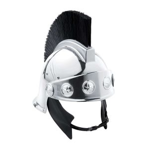 front view of silver spartan helmet with black brush and black chin strap