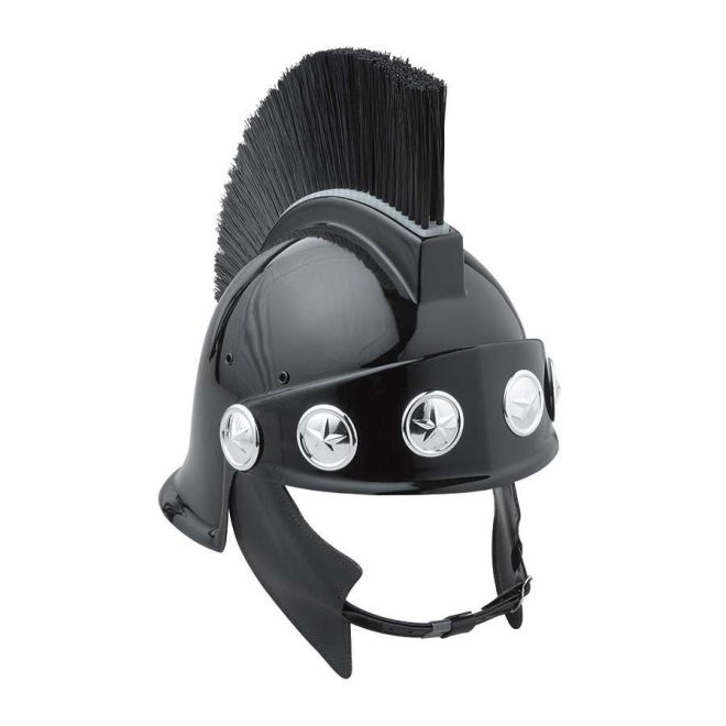 front view of black spartan helmet with black brush and black chin strap