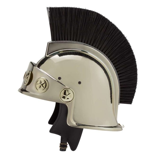 side view of gold spartan helmet with black brush and black chin strap