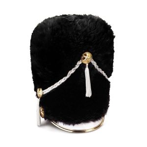 Front view of black fur custom marching band busby hat. White cord and bill and gold buttons and trim