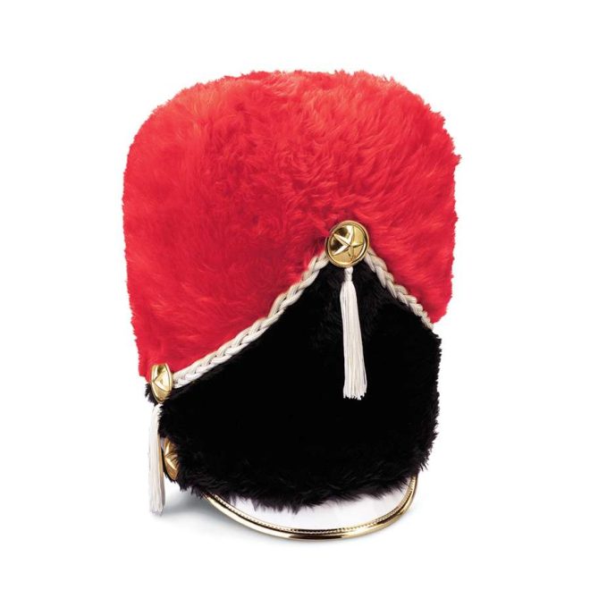 Front view of custom marching band busby hat. Top if red fur separated with white cord from black fur. Gold buttons and trim with white bill