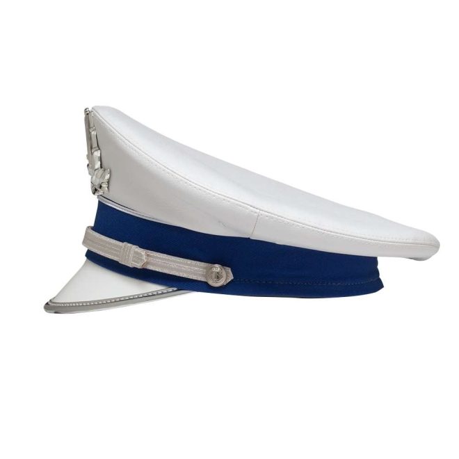 side view of white and royal custom bayly parade cap with silver accessories