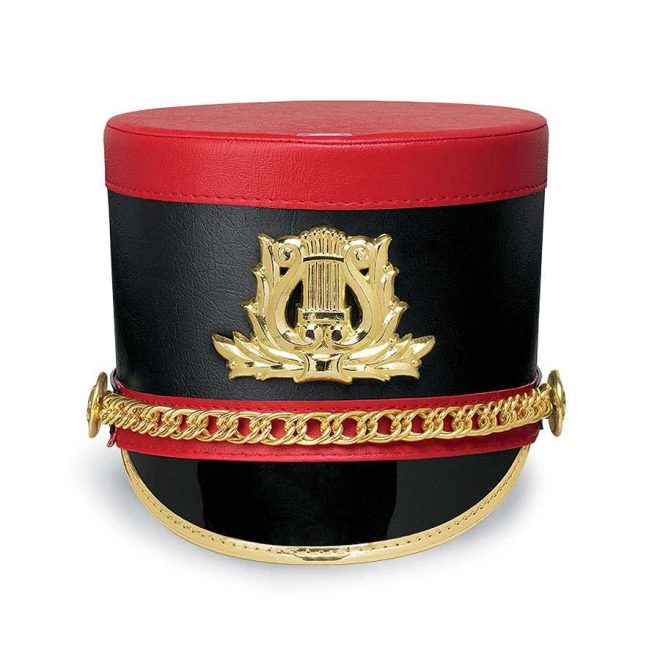 Front view red with black band shakomaster express marching band shako with black bill, gold trim and accessories