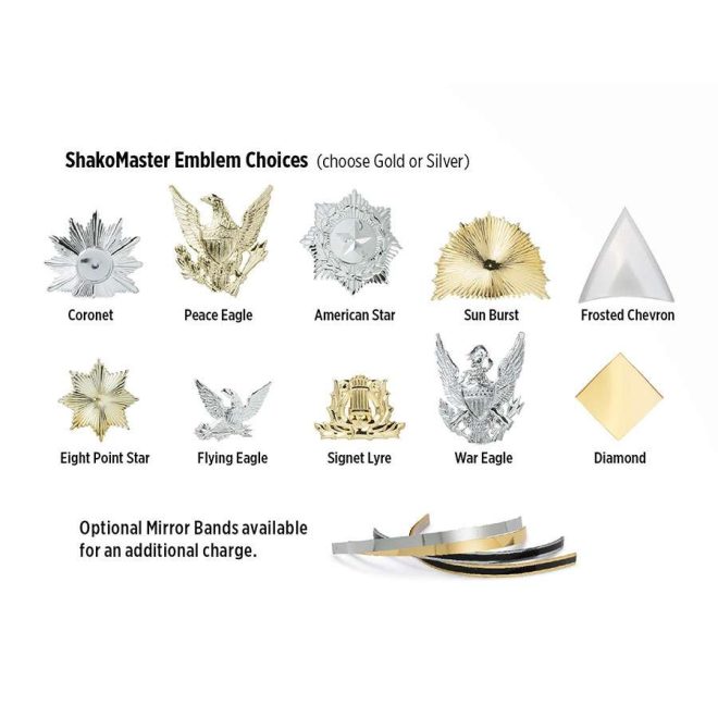 emblem choices for shakomaster express marching band shako in silver and gold