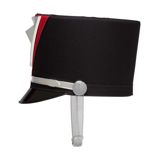 side view black shakomaster express marching band shako with silver accessories