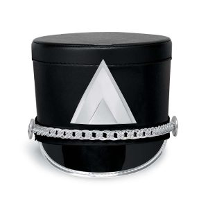 Front view black century flat top custom shako with silver accessories and trim