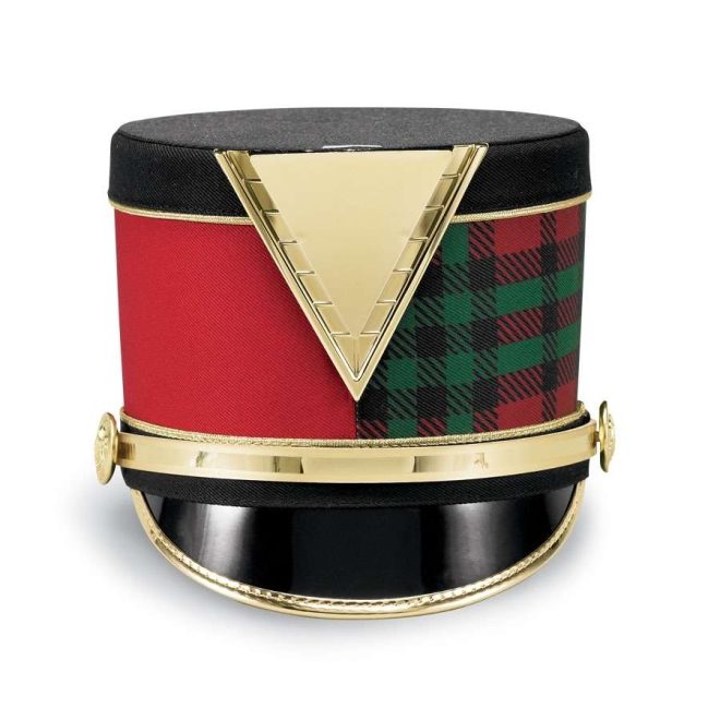 Front view black with half red half red, black, green checker century flat top custom shako. Black bill, gold accessories and trim