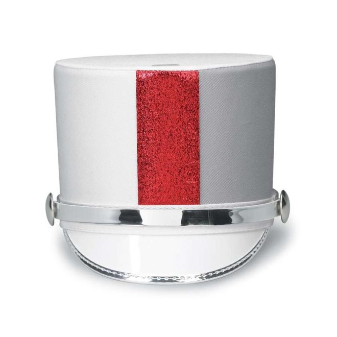 Front view white century flat top custom shako Stripe of red sparkly in middle. White bill, silver trim and accessories