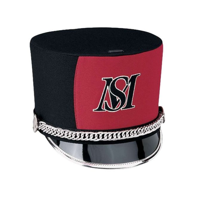 Front view black and maroon century flat top custom shako with monogram. Black bill, silver accessories and trim