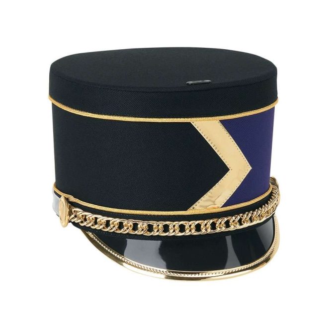 Front view of black century flat top custom shako. Middle band half black half royal separated by gold chevron. Black bill, gold trim and accessories