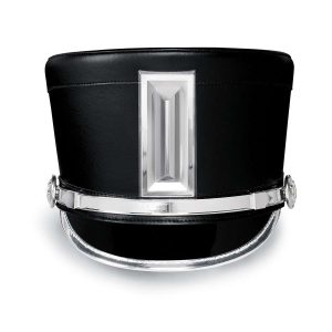 Front view of black atlas slant top custom shako with silver accessories