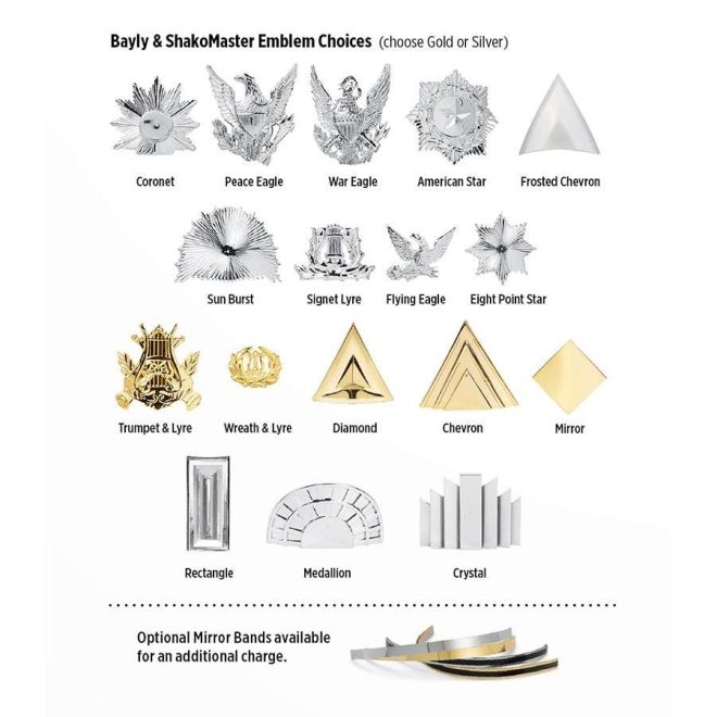 Emblem choices for atlas slant top custom shakos in gold and silver