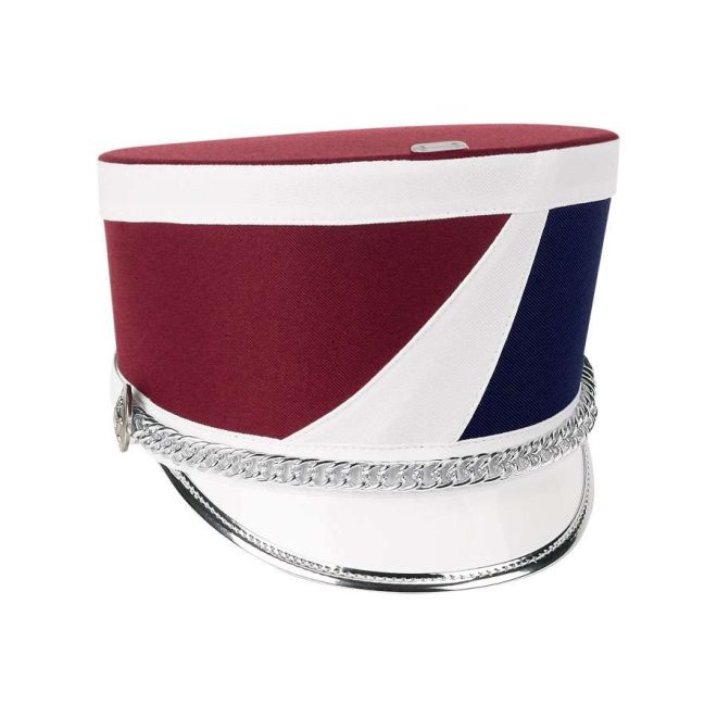 Front view of atlas slant top custom shako red top white trim slants of red white and royal. Silver accessories