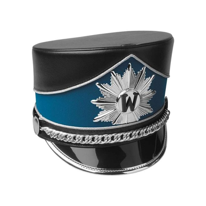 Front view custom blue band black top atlas slant top shako with black bill and silver accessories