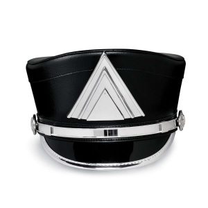 front view black olympic scoop top custom shako with silver trim and accessories