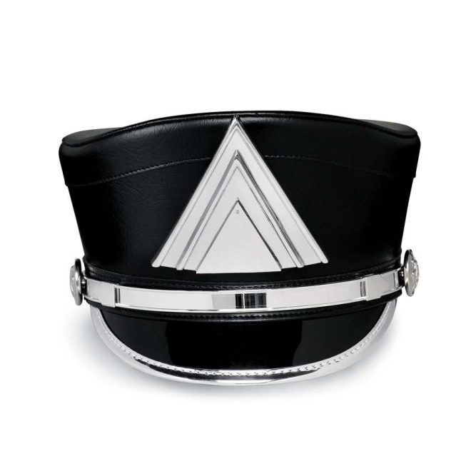 front view black olympic scoop top custom shako with silver trim and accessories