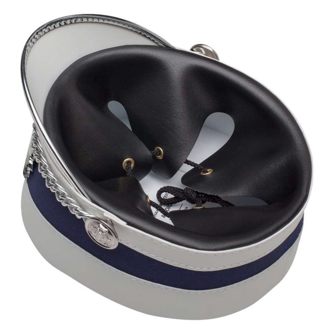 under view of silver olympic scoop top custom shako with navy band and silver accessories