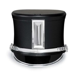 front view of black west point custom military shako with silver accessories