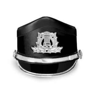 Front view of black curvette custom shako with silver accessories