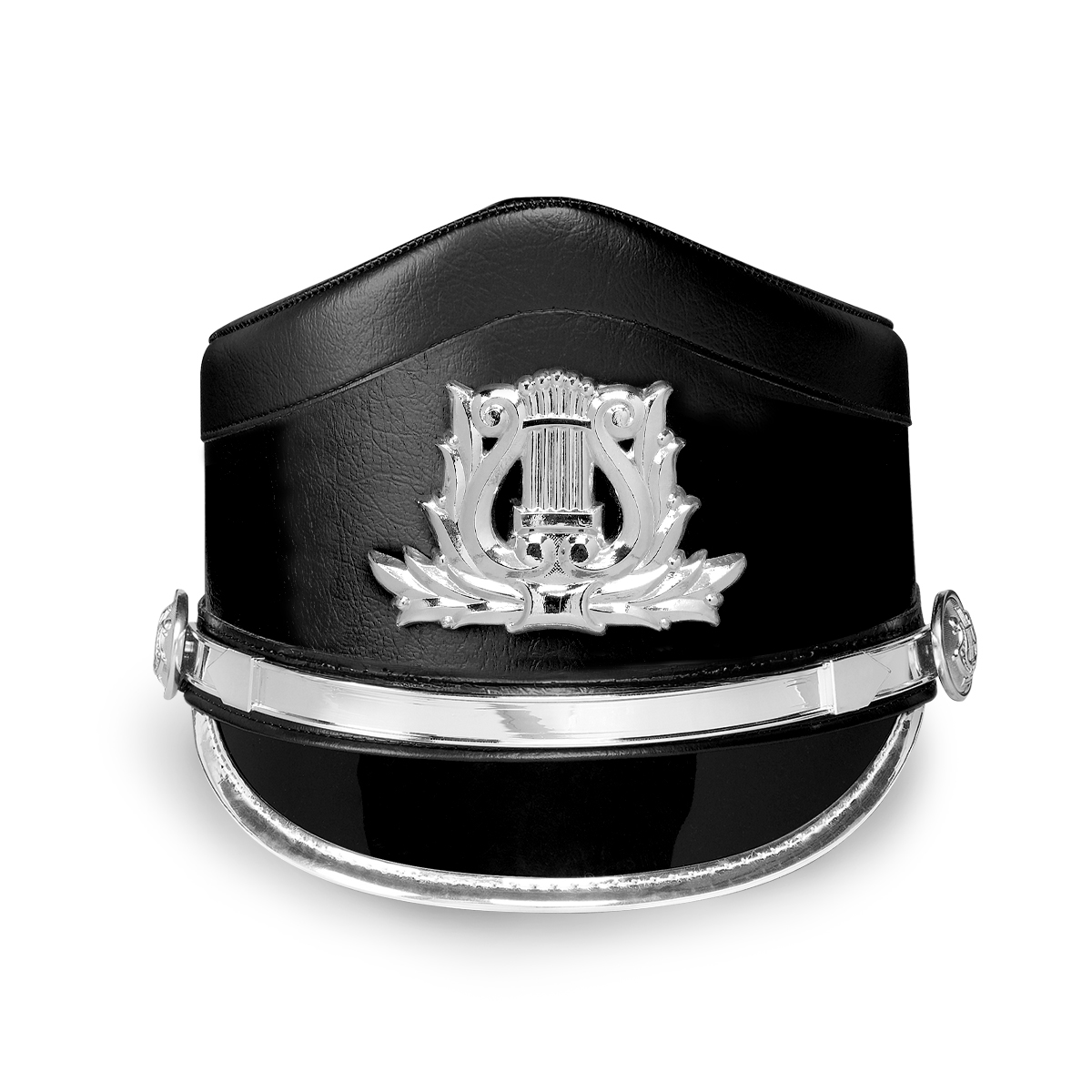 Front view of black curvette custom shako with silver accessories