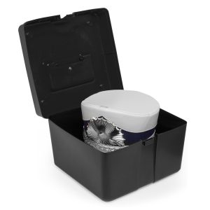 open black plastic shako hat box with shako sitting inside