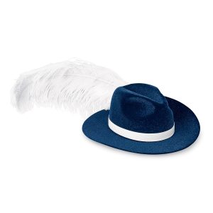 white ostrich feather hat plume on navy hat with white band