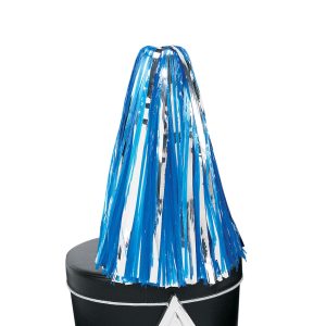 royal and silver vinyl shako plume with streamers on black shako