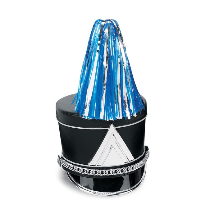 royal and silver vinyl shako plume with streamers on black shako