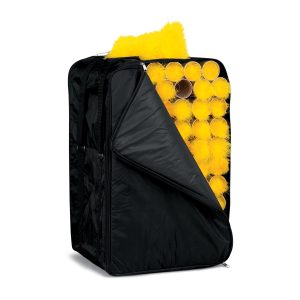 black dsi 59 plume storage case half unzipped full of yellow plumes front view