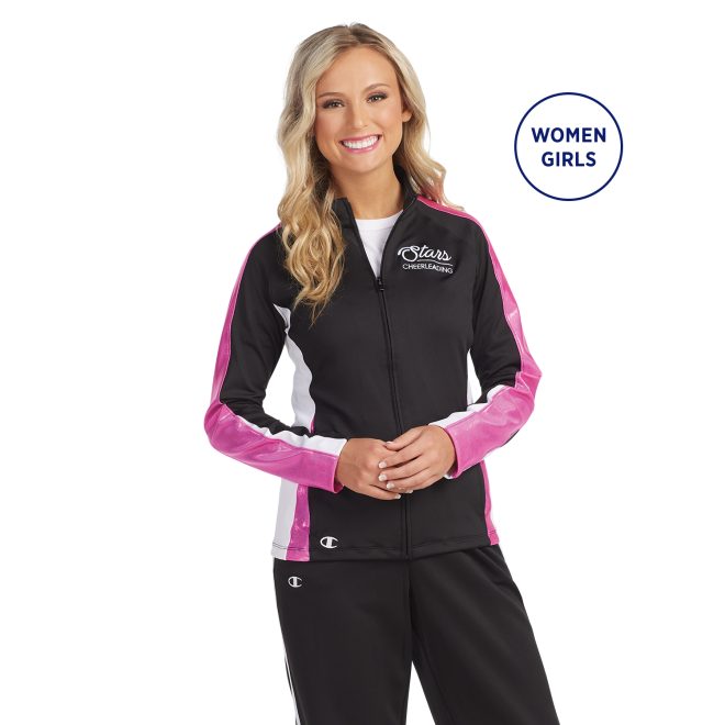 Champion Dazzler Warm Up Jacket with model custom embroidery reading stars cheerleading