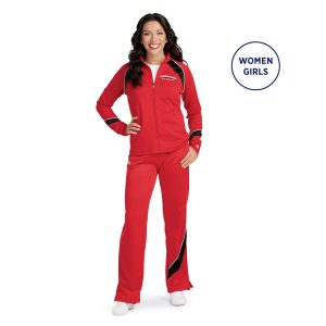 red champion nova warm up pants front view on model with matching custom red jacket