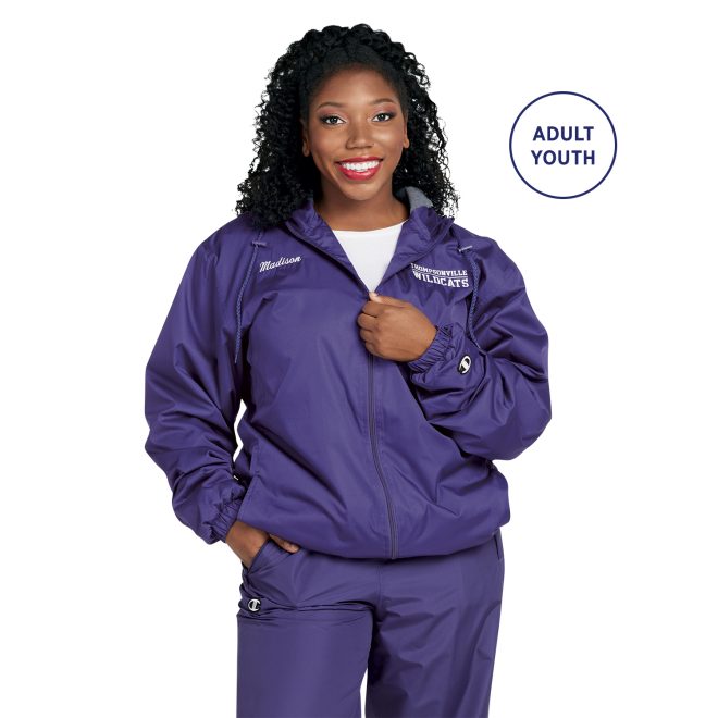 custom purple champion stadium hooded jacket front view