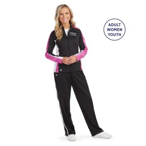 black/white champion break out warm up pant front view paired with custom black/white/pink jacket