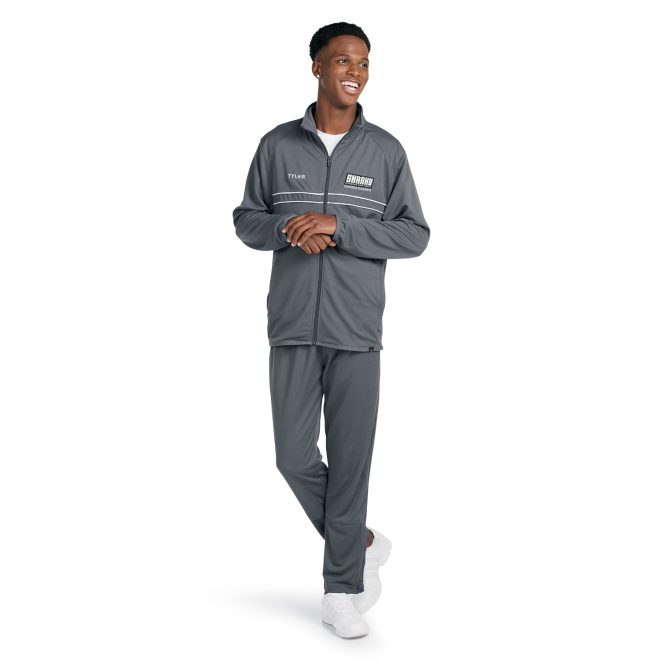 grey badger outer core warm up pant front view paired with custom grey jacket