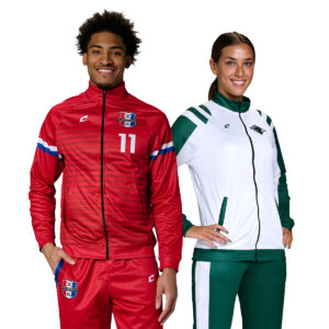 Champro JUICE full zip jacket in red with stripes and in white with green accents paired with coordinating pants