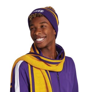 custom purple/yellow holloway homecoming beanie front view paired with purple/white jacket and pants and custom purple/yellow scarf