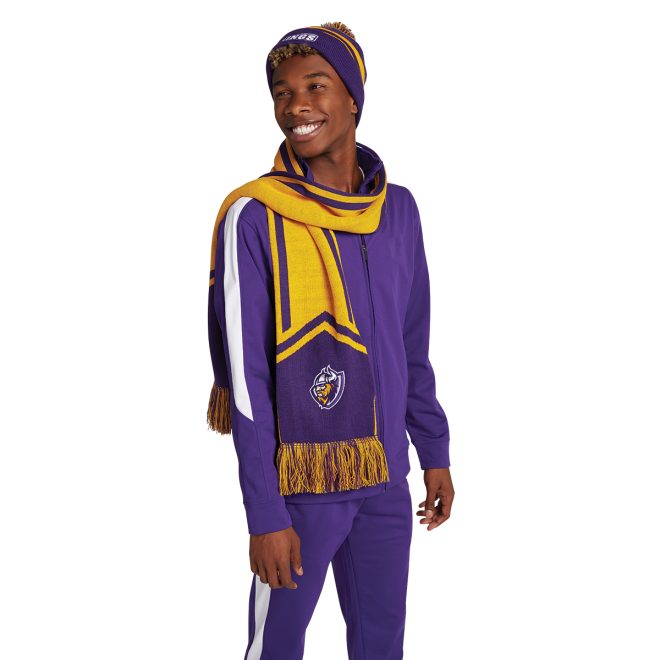 custom purple/yellow holloway homecoming beanie front view paired with purple/white jacket and pants and custom purple/yellow scarf