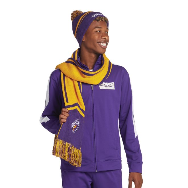 custom purple/yellow holloway homecoming beanie front view paired with purple/white jacket and pants and custom purple/yellow scarf