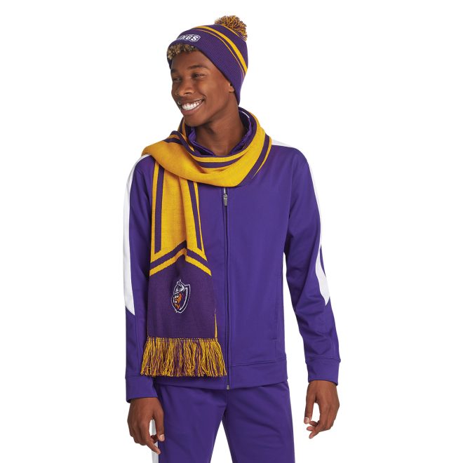 custom purple/yellow holloway homecoming beanie front view paired with purple/white jacket and pants and custom purple/yellow scarf