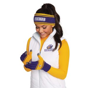 purple and gold custom holloway homecoming headband says VIKINGS with white custom vest and gold long sleeves, purple and gold gloves and purple leggings. Front view on model