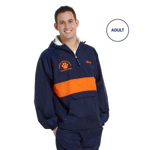 custom navy/orange charles river classic striped pullover front view