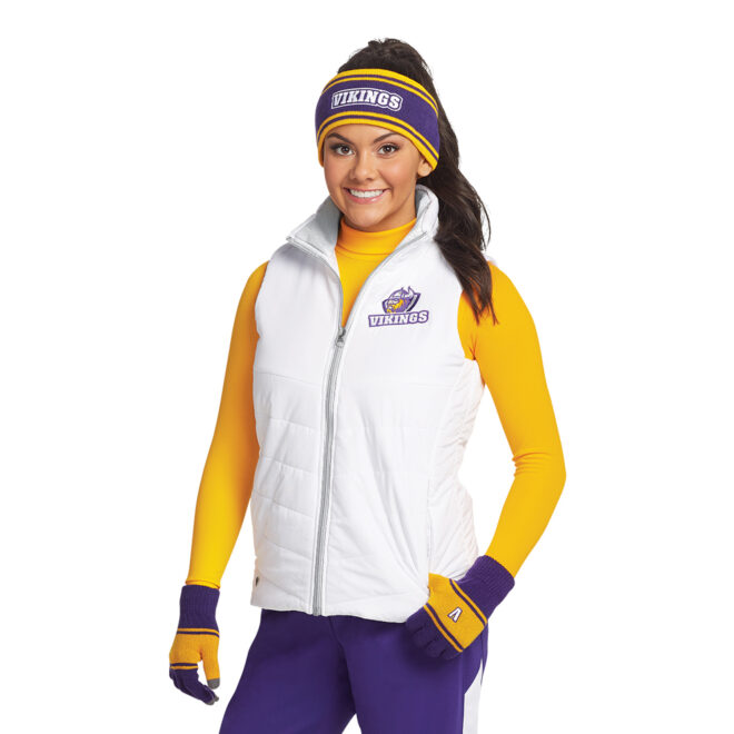 custom white port authority puffy vest front view over yellow long sleeve paired with purple pants and purple/yellow headband and gloves