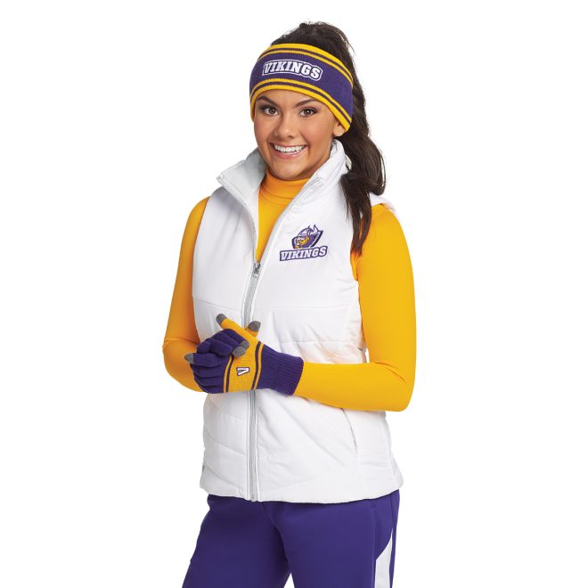 custom white port authority puffy vest front view over yellow long sleeve paired with purple pants and purple/yellow headband and gloves